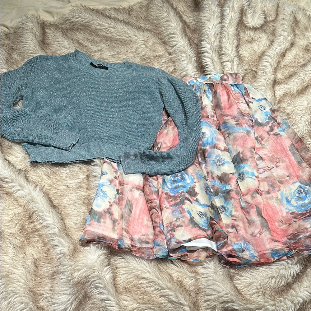Blue Sweater and Floral Skirt Set